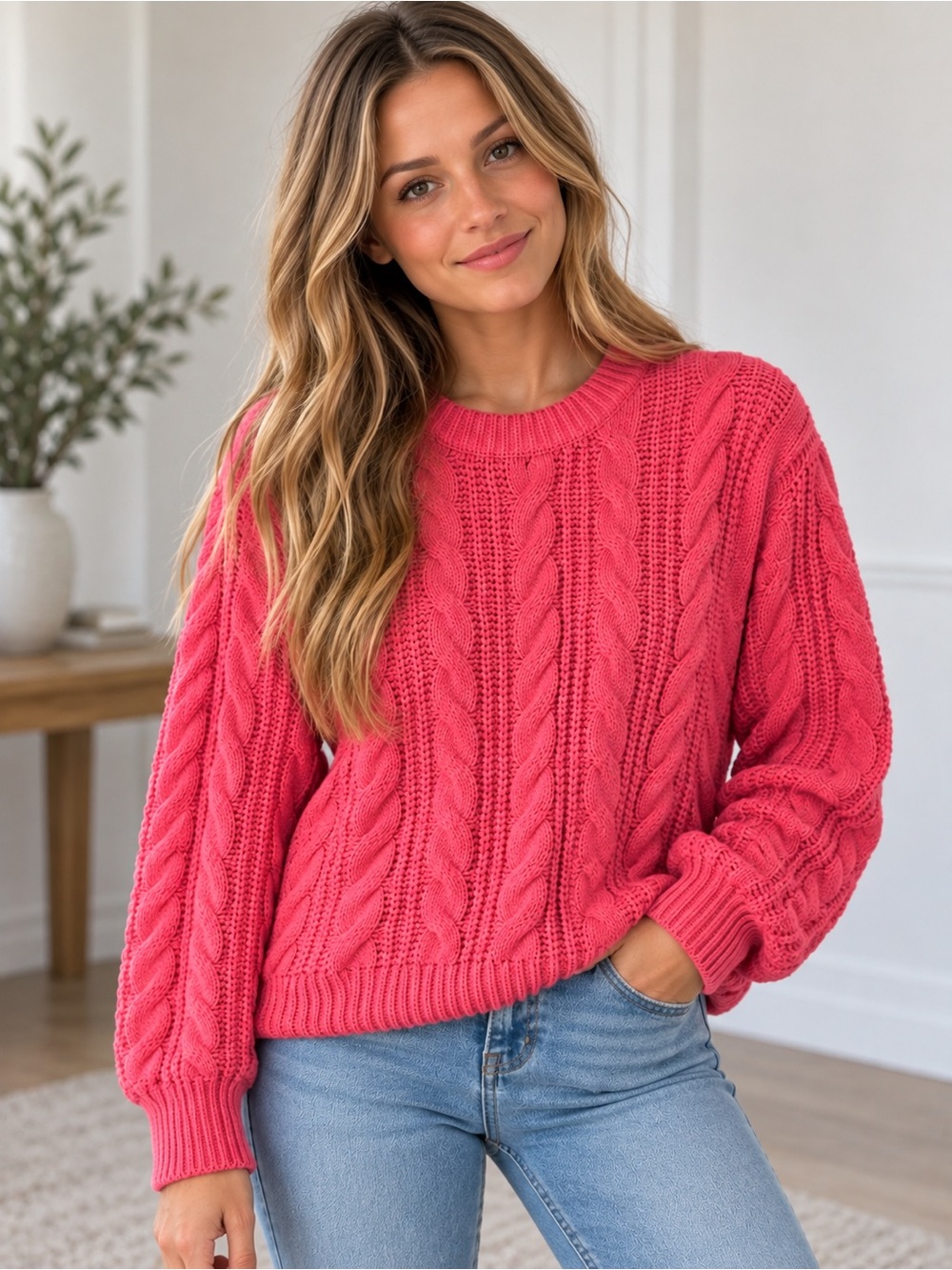 MEEK Women's Pink Cable Knit Chunky Sweater – Small